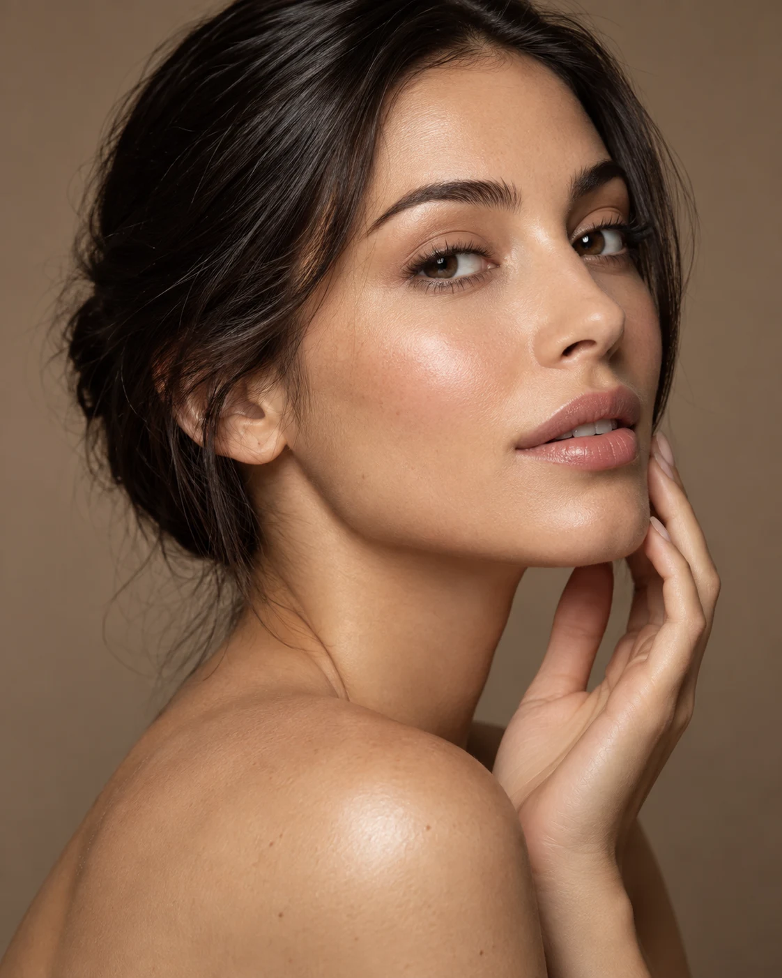 Editorial beauty portrait with natural makeup and sleek hair